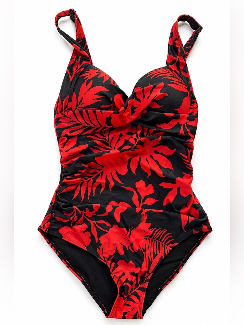Eomenie Red Black Floral One Piece Swimsuit Medium Ruched Twist Front Fit NWT